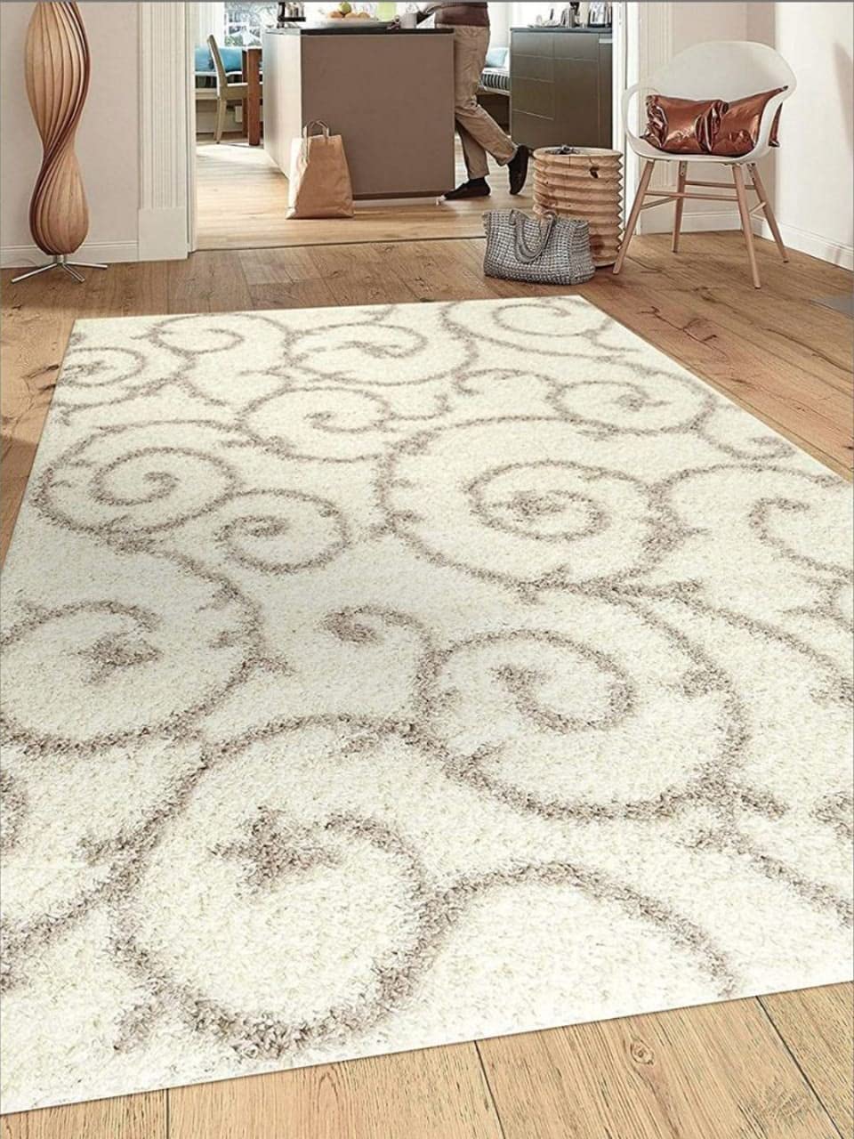 Asra Carpet Ivory Beige 1 Shaggy Rug Export Quality Wool Rugs Ideal for Living Room Bedroom and Hall-6 x 8 Ft