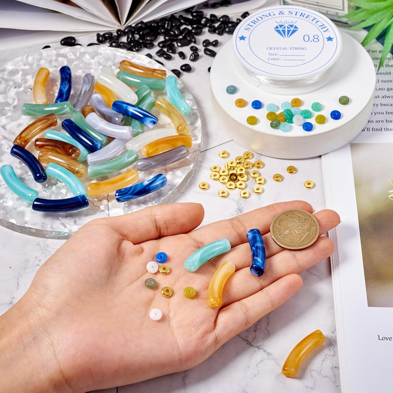 Craftdady 121Pcs Two Tone Acrylic Curved Tube Beads Making Kit, Colorful Glass Circle Coin Beads Flat Round Brass Rondelle Spacer Bead with Elastic Crystal Thread for DIY Bracelet Jewelry Making - Image 4