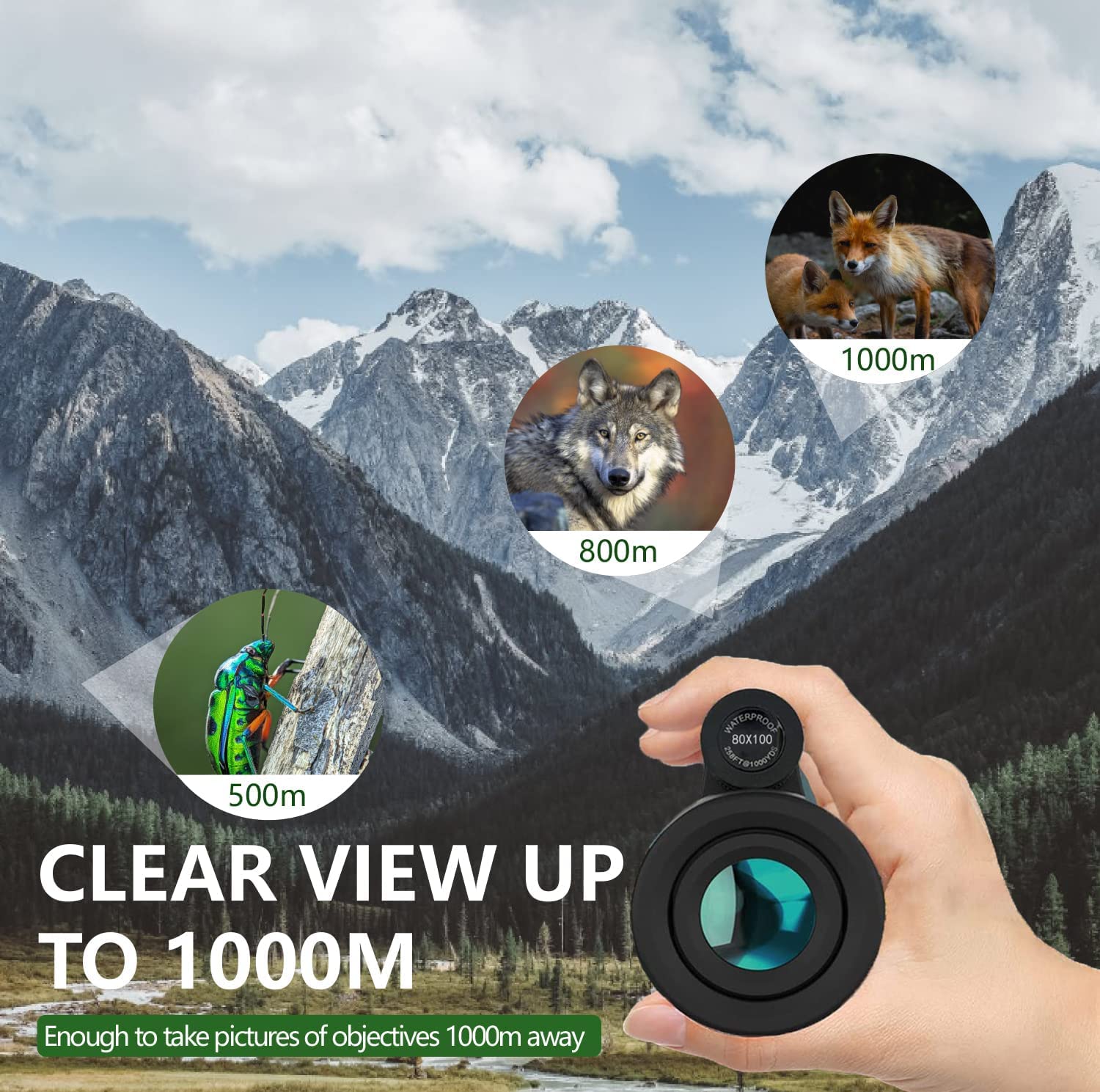 80x100 Monokular-Teleskop, leistungsstark, für Smartphones, Monokulare für Erwachsene, hohe Auflösung, für die Sternenbeobachtung, die Jagd, Wildtiere, Vogelbeobachtung, Reisen, Camping, Wandern