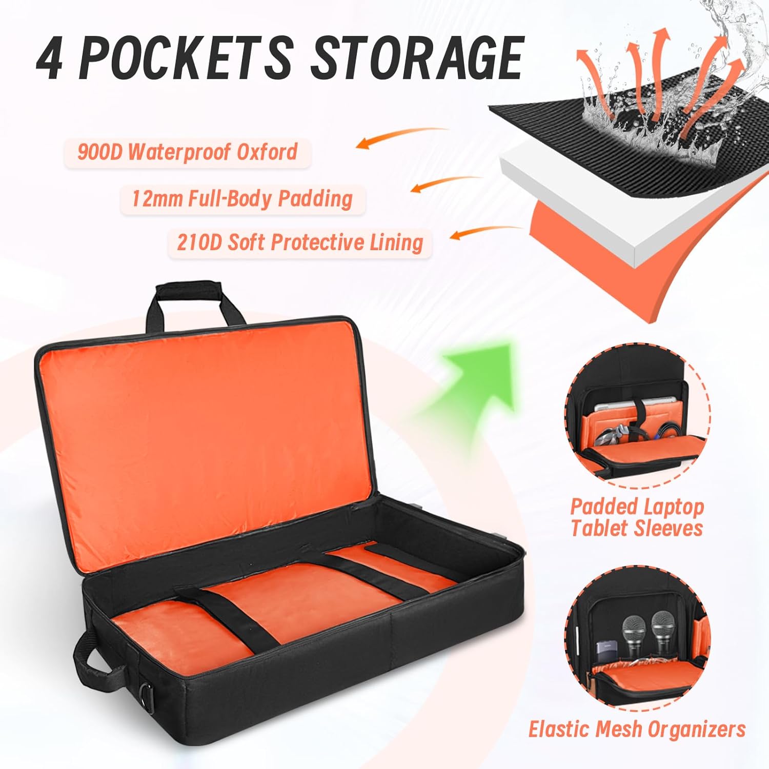 ORKELS Rolling DJ Controller Case for DDJ-400/800/1000/FLX4/FLX2/REV7/REV5/GRV6, 29” Waterproof Travel Bag for DJ Equipment, 900D Oxford Wheeled DJ Backpack with Laptop Compartment