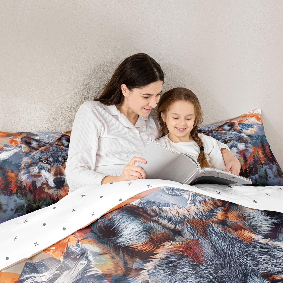 jejeloiu Wolf Comforter Set Full Size Kids Wolves Howling Bedding Set for Boys Girls Teens Adults, Mountain Tree Duvet Quilt Breathable Soft Room Decor 3Pcs