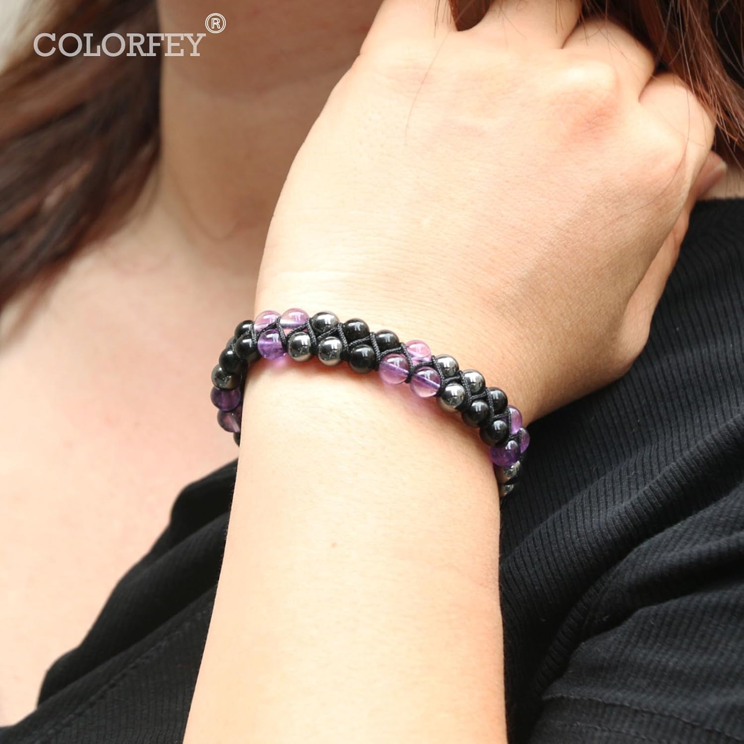 Triple Protection Bracelet for Women, Genuine Healing Crystal Bracelet Amethyst Black Obsidian Hematite 6mm, Pyramid Energy Crystal Beads Bracelet Christmas Gifts for Mom Wife for Protection Balance - Image 2