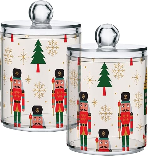 SDMKA Paquete de 2 tarros de boticario para baño, cascanueces de Navidad, dispensador de plástico transparente con tapa para bolas de algodón,