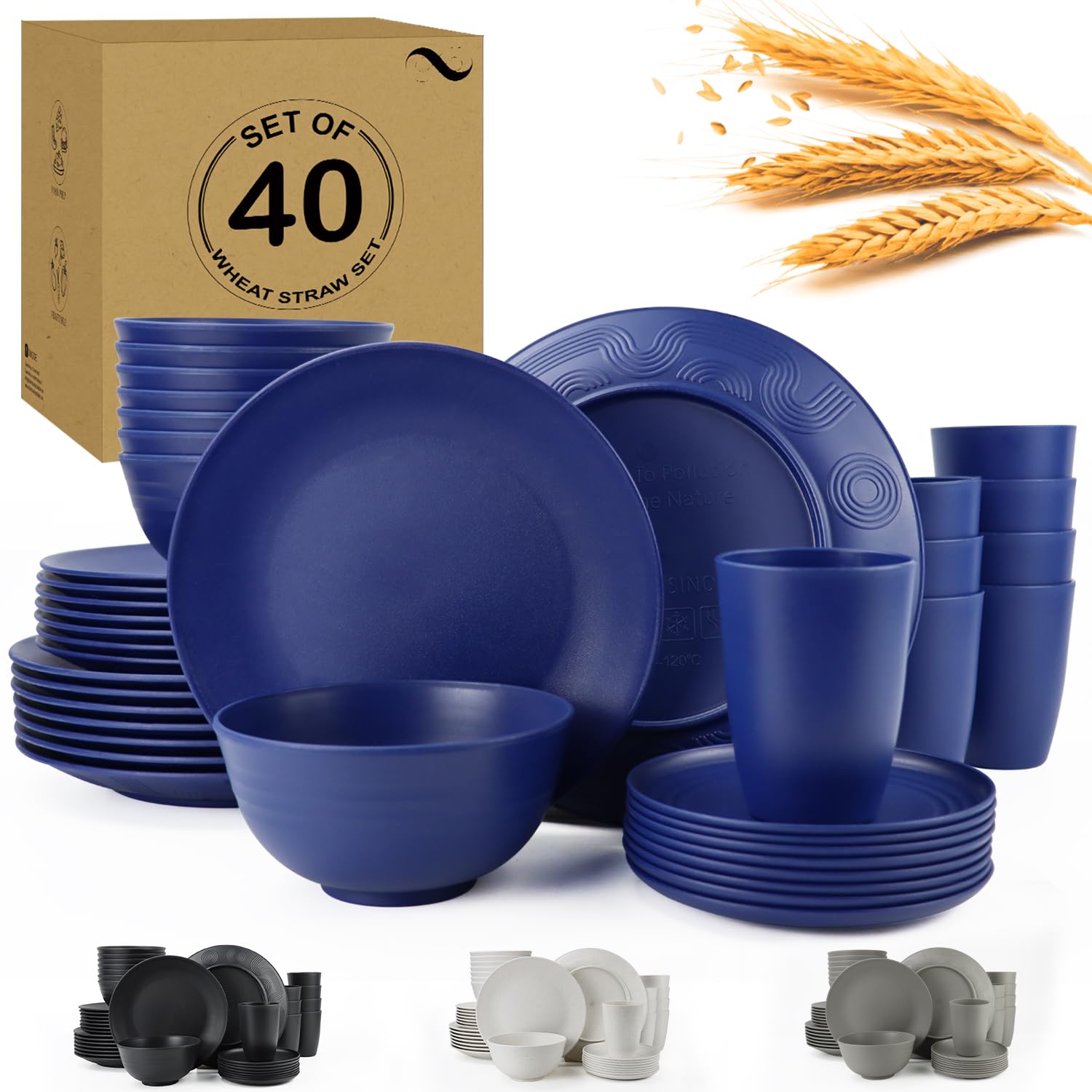 40 Piece Wheat Straw Dinnerware Set,Plastic Plates and Bowls Sets