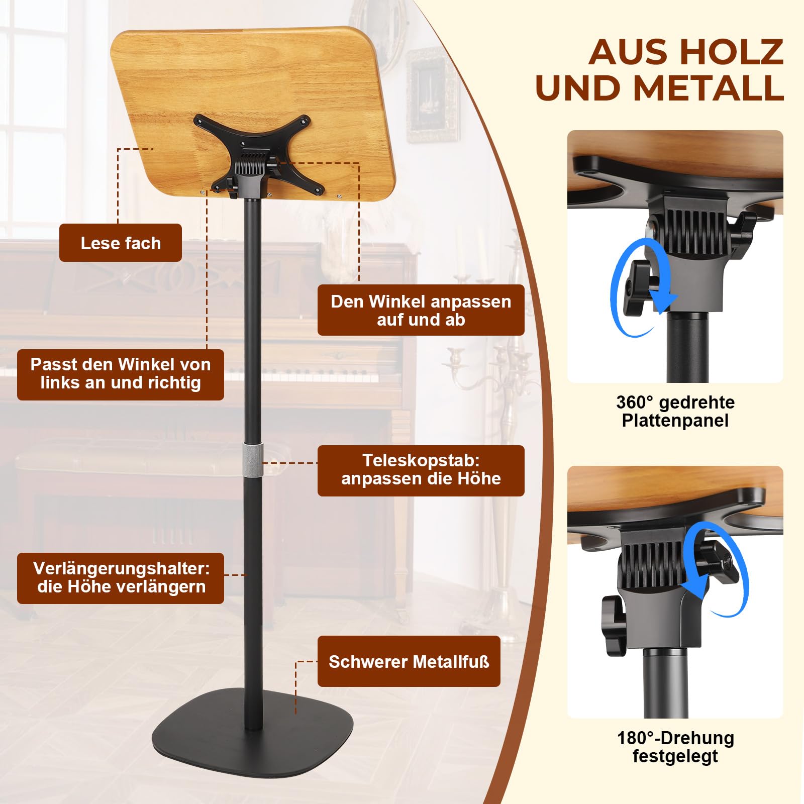 Buchständer Buchhalter Leseständer Notenständer Holz 180°-Neigung | 3 in 1 50-130 cm Höhenverstellbarer mit Elastische Seitenclips für Musiknoten Rezepte Tablet Laptop