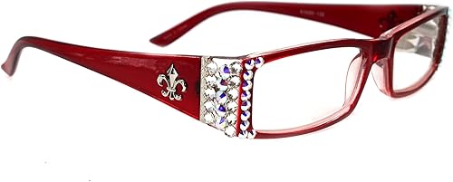 The French, (Bling) Fleur De Lis Women Reading Glasses Adorned with (Clear + Aurora Borealis) Austrian Crystals, Magnifying (Red) Rectangular. NY