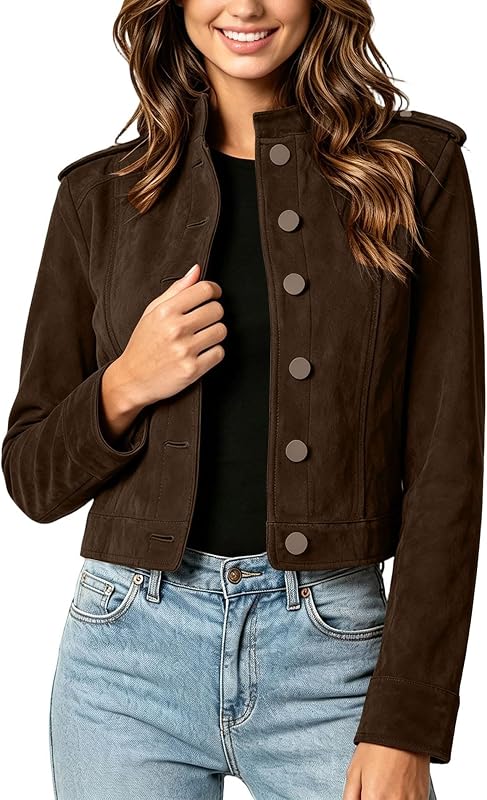 Women Stand Collar Suede Cropped Jacket Button Long Sleeve Coat