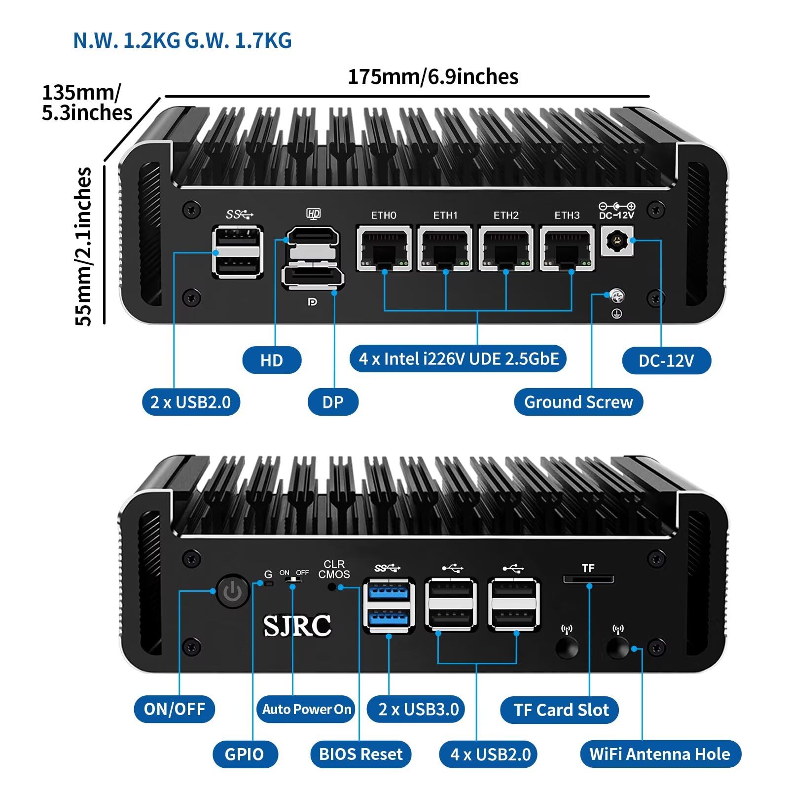 SJRC Fanless Firewall Appliance N150 (up to 3.6Hz), 4 x i226V 2.5Gbe LAN OPNsense Mini PC for Office/Home, Micro Router Computer DDR5 16GB RAM 256GB NVMe SSD, 8 USB, Dual 4K HD+DP