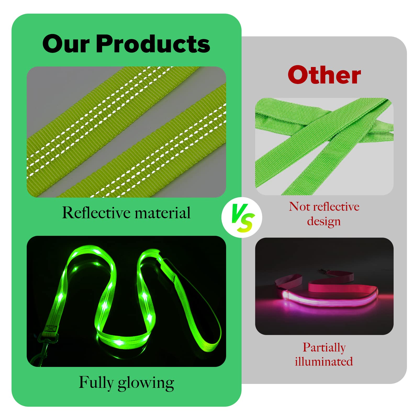 HIGO Guinzaglio per cani a LED, ricaricabile tramite USB, per cani, riflettente e luminoso, per passeggiate notturne con il cane (verde, 120 cm)