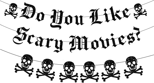 Cartel de películas de terror con texto en inglés "Do You Like Scary Movies", guirnalda gótica de calavera inglesa, decoración de noche de películas