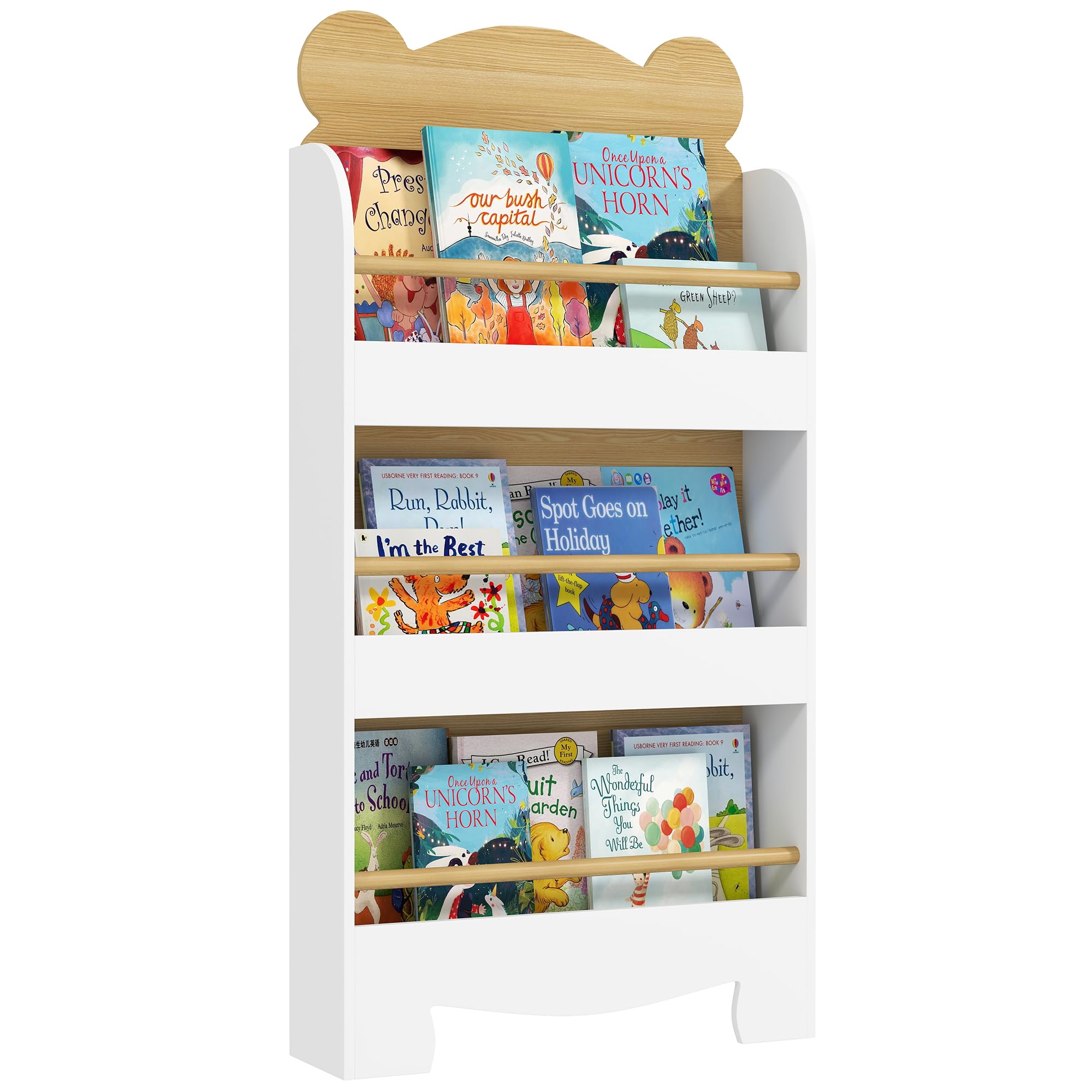 AIYAPLAY Kids Bookshelf, 3 Tier Children Bookcase, Bear Theme Toddler Space-Saving Bookcase for Living Room, Kids Room, Playroom, White