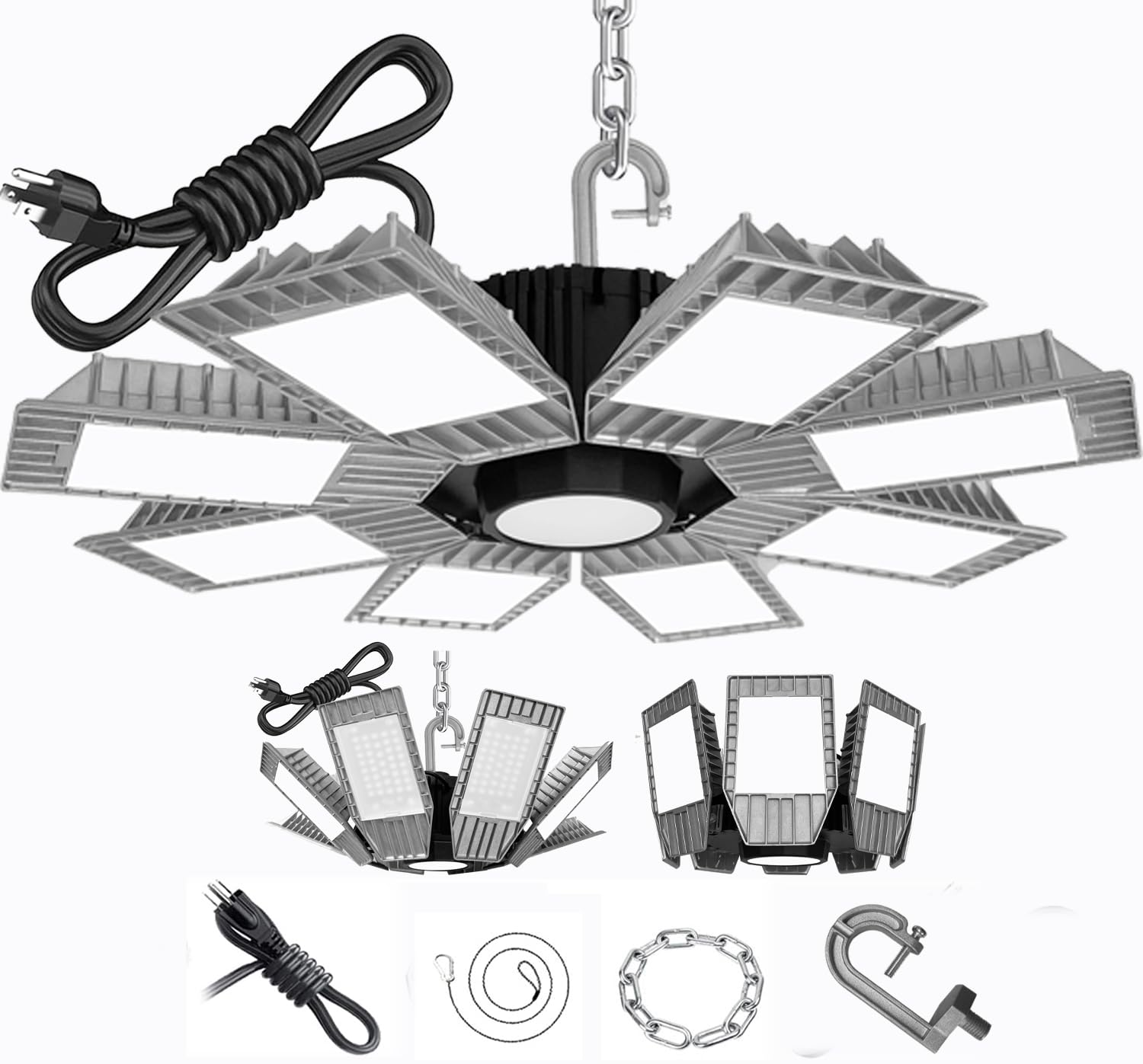 Aluminium LED High Bay Light, 300W 32500 Lumens 6500K Daylight - 8 Adjustable Panels - Plug-in High Bay LED Shop Light for Garage Workshop Warehouse-5ft US Plug Cable Included.(Silvery, 1-Pack)