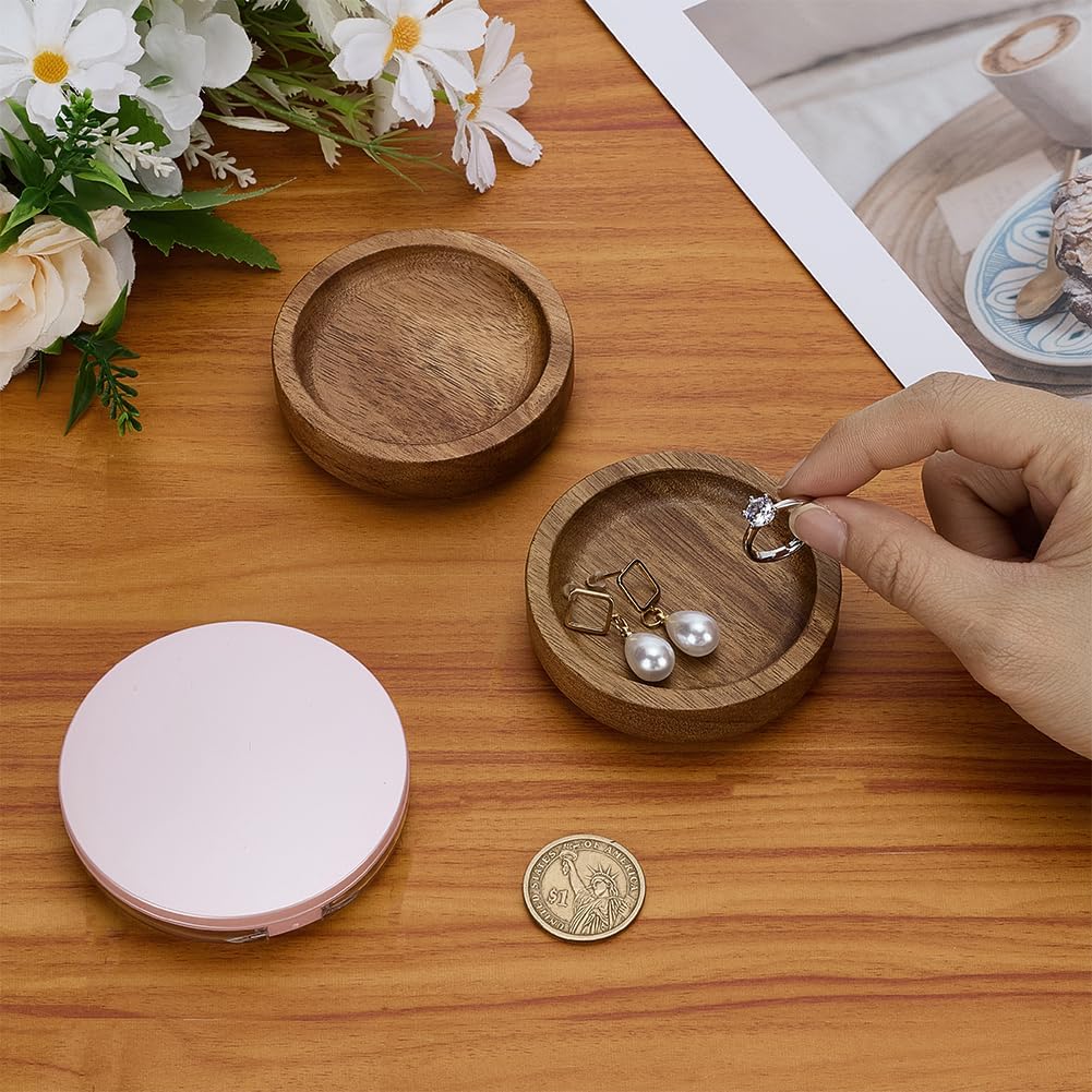FINGERINSPIRE 2 PCS Acacia Wood Ring Trays 2.76inch Diameter Flat Round Wood Jewelry Plates Camel Color Trinket Dish Tray for Rings Necklaces Earring Jewelry Keys Small Items Display Storage
