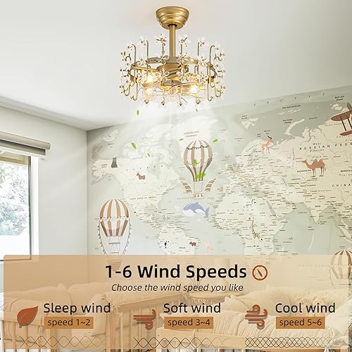 Miniatura 6 de Modernos ventiladores de techo de cristal dorado con luces y control remoto, ventilador de araña para dormitorio de niña, sala de estar