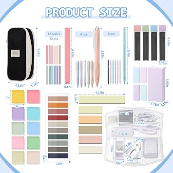 Sinload 60 Pcs Aesthetic Book Annotation Kit School Supplies Cute Pencil Case Mini Stapler Set 12 Highlighter 5 Gel Pen 6 Pencil 5 Magnetic Bookmark 1220 Sticky Note Student Stationary(Black)