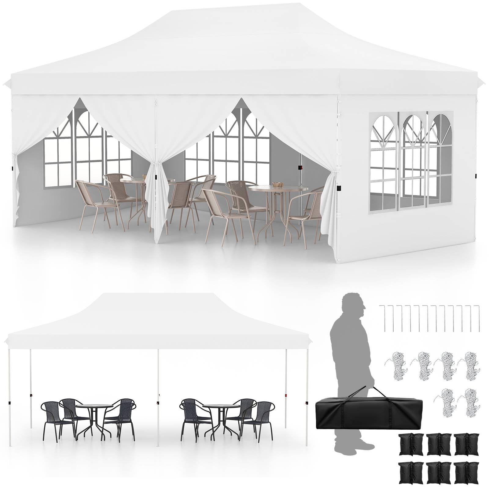 TANGZON 3 x 6M Pop Up Canopy Tent, 3-Level Height Adjustable Sunshade Shelter Gazebo with Carrying Bag & 6 Detachable Side Walls, Heavy-duty Marquee Tent for Garden Patio Backyard (White)