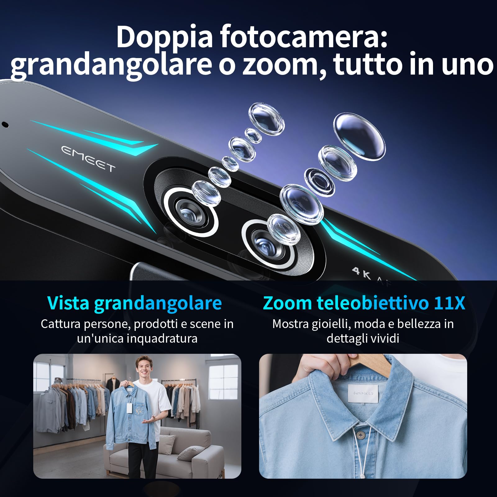 EMEET Webcam 4K con doppia fotocamera, con Obiettivi Grandangolari e Telefoto, Zoom Ibrido fino a 11X e Autofocus PDAF, Telecomando, Illuminazione RGB, 2 Microfoni, Ideale per Live Streaming