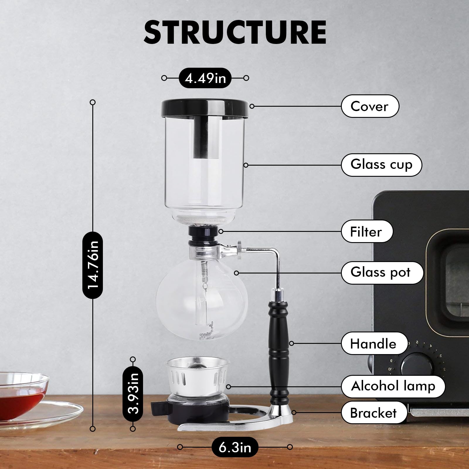 LIROPAU Machine à café siphon, cafetière sous vide, siphon à café japonais, 5 tasses, 600 ml, résistant à la chaleur, avec base de filtre anti-goutte, outils d'extraction pour café infusé à la main
