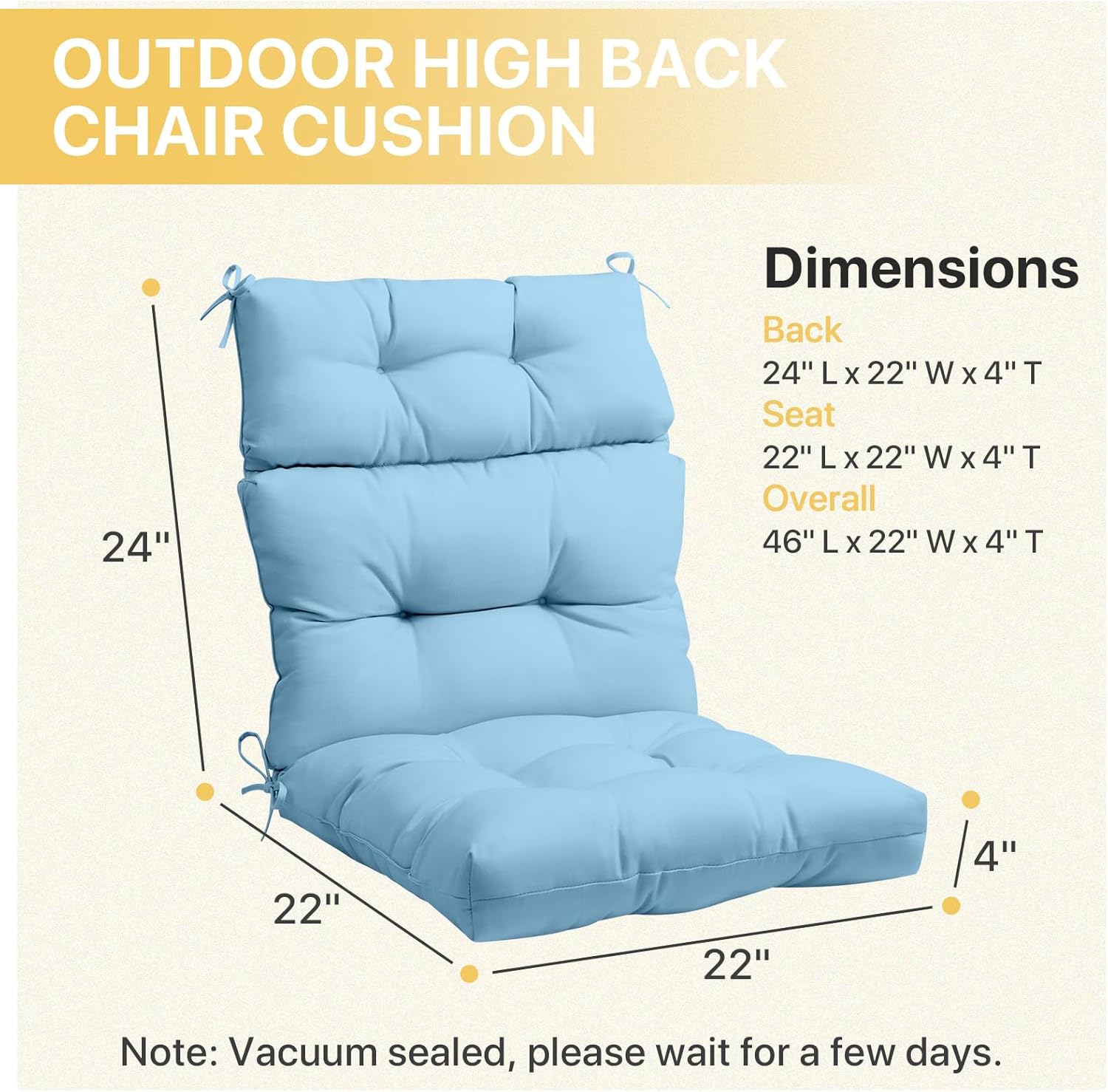 COOS BAY Outdoor Chair Cushions High Back 46x22 Inch, Tufted Patio Seat Cushions with Ties, Water-Resistant Replacement Pads, 2 Pack, Aqua Blue