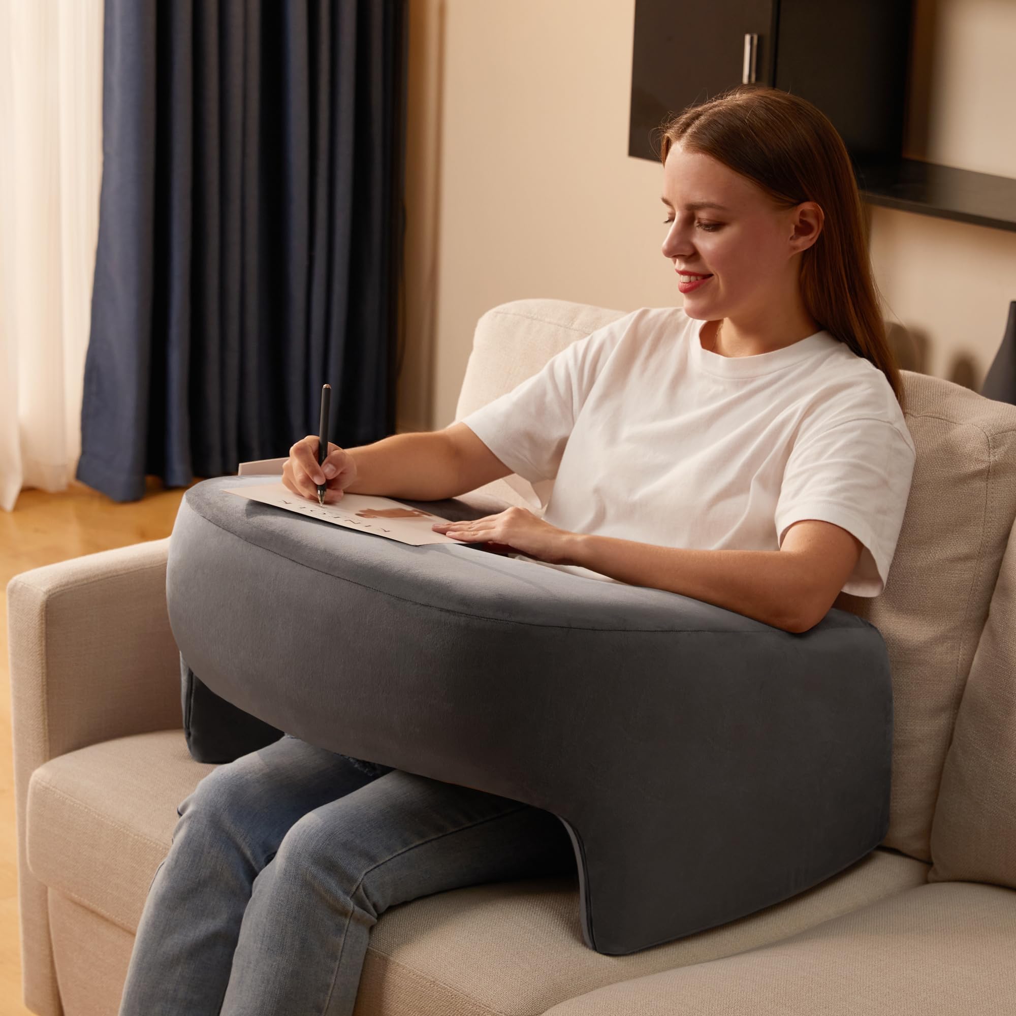 Homguava Reading Pillow Memory Foam Gaming Pillow Arm Rest Pillow with Side Pocket Large Furry Pillow for Adults Perfectly Fitting Your Body for Reading, Gaming, Working (Grey)