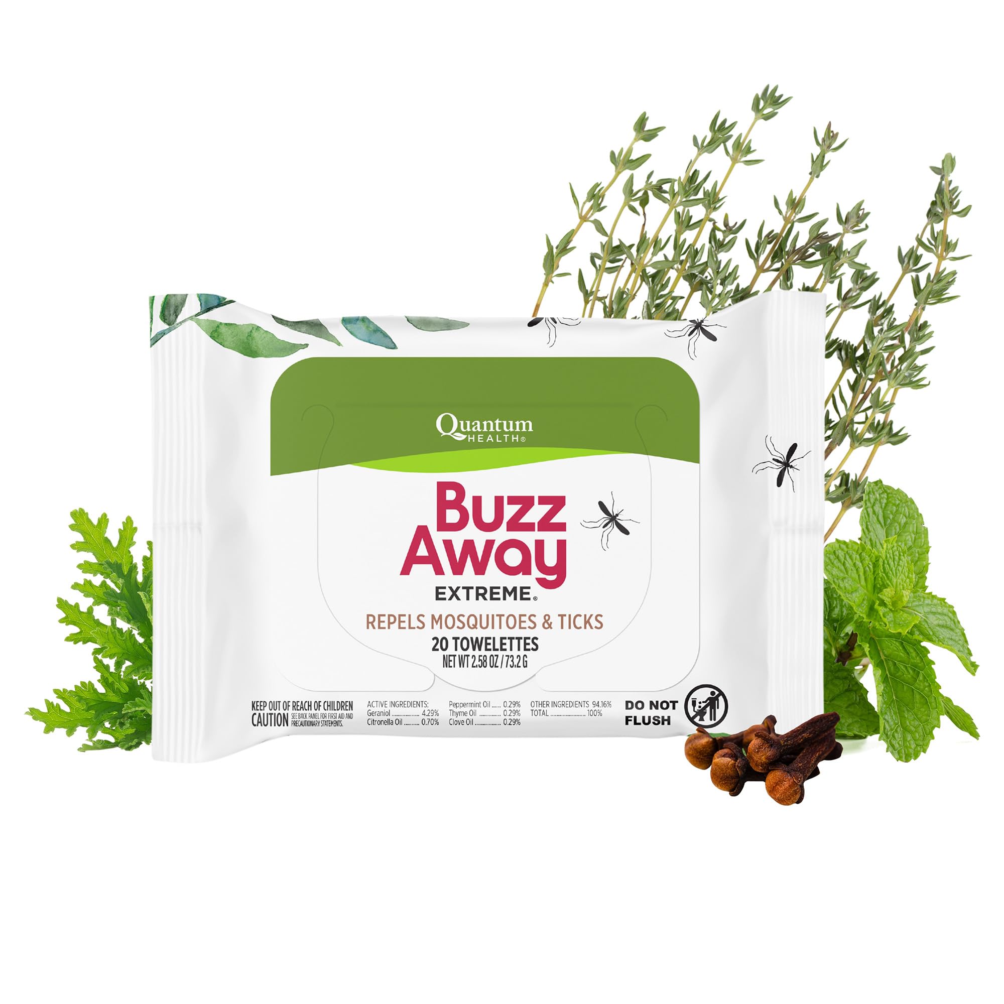 Quantum Health Buzz Away Extreme DEET Free Insect Repellent Wipes - Travel-Friendly Citronella Oil Mosquito & Tick Outdoor Bug Repellent Towelettes, Kids & Adults - 20 Individual Wipes