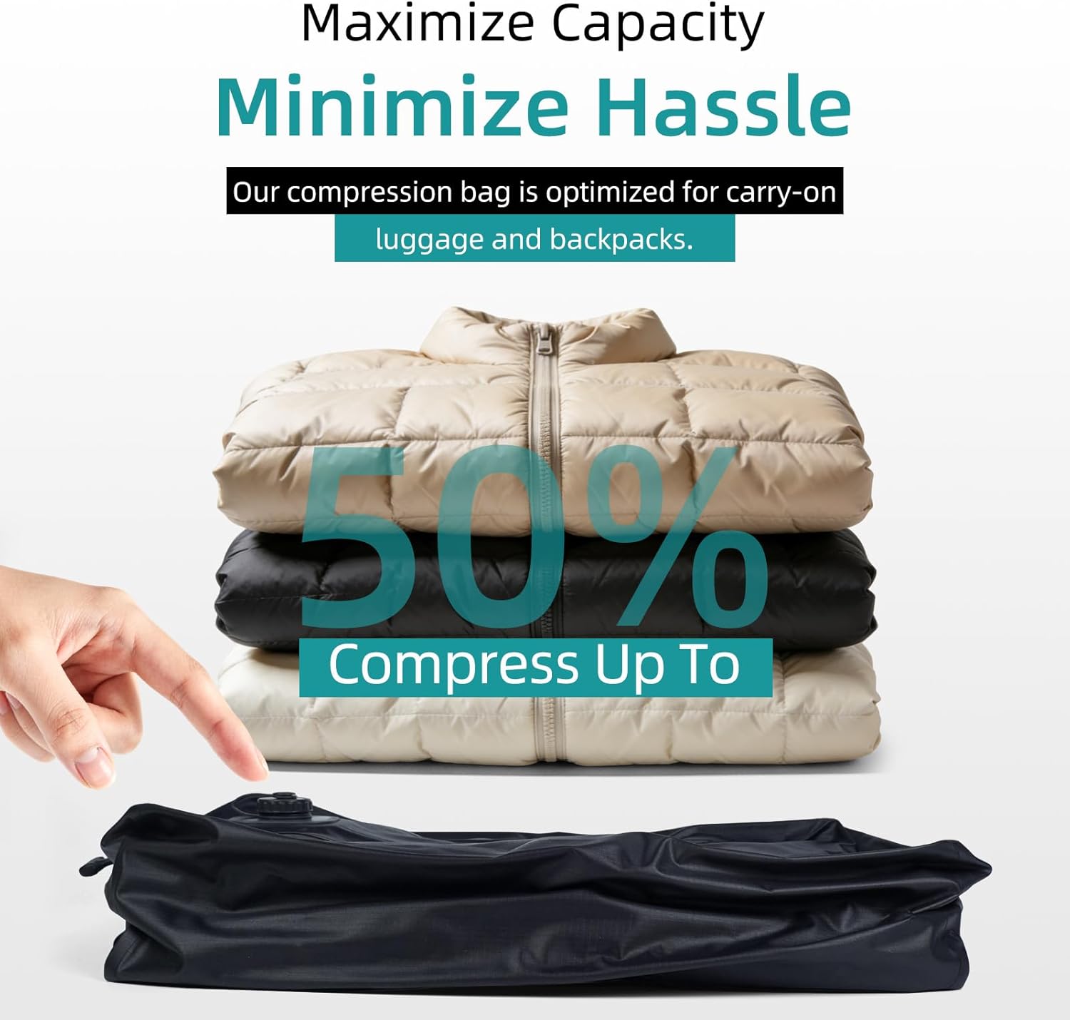 One-Touch Automatic Vacuum Storage Bag - 20L Integrated Pump-Free Compression Bag, USB-C Rechargeable, Waterproof Airtight Space Saver for Clothes, Bedding, Travel Suitcases & Camping (2PC black)