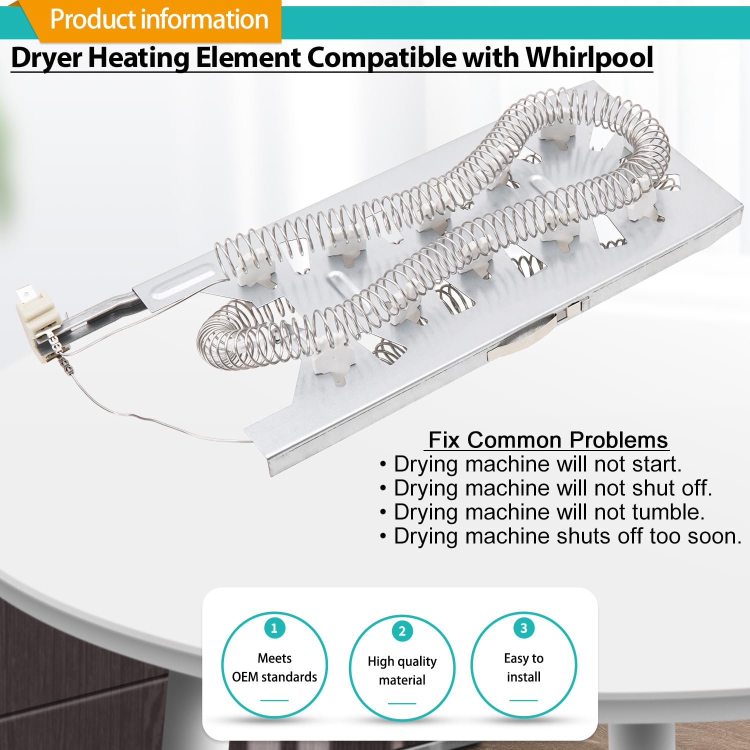 Elemento de calefacción para secadora Whirlpool WED75HEFW1 WED7500GW0 WED7500GC0 WED8127LC1 WED8127LW1 WED8300SE2 WED8300SW2 WED8500DC4 WED8500DW4 WED8888. 5HEFW1 WED85HEFC1