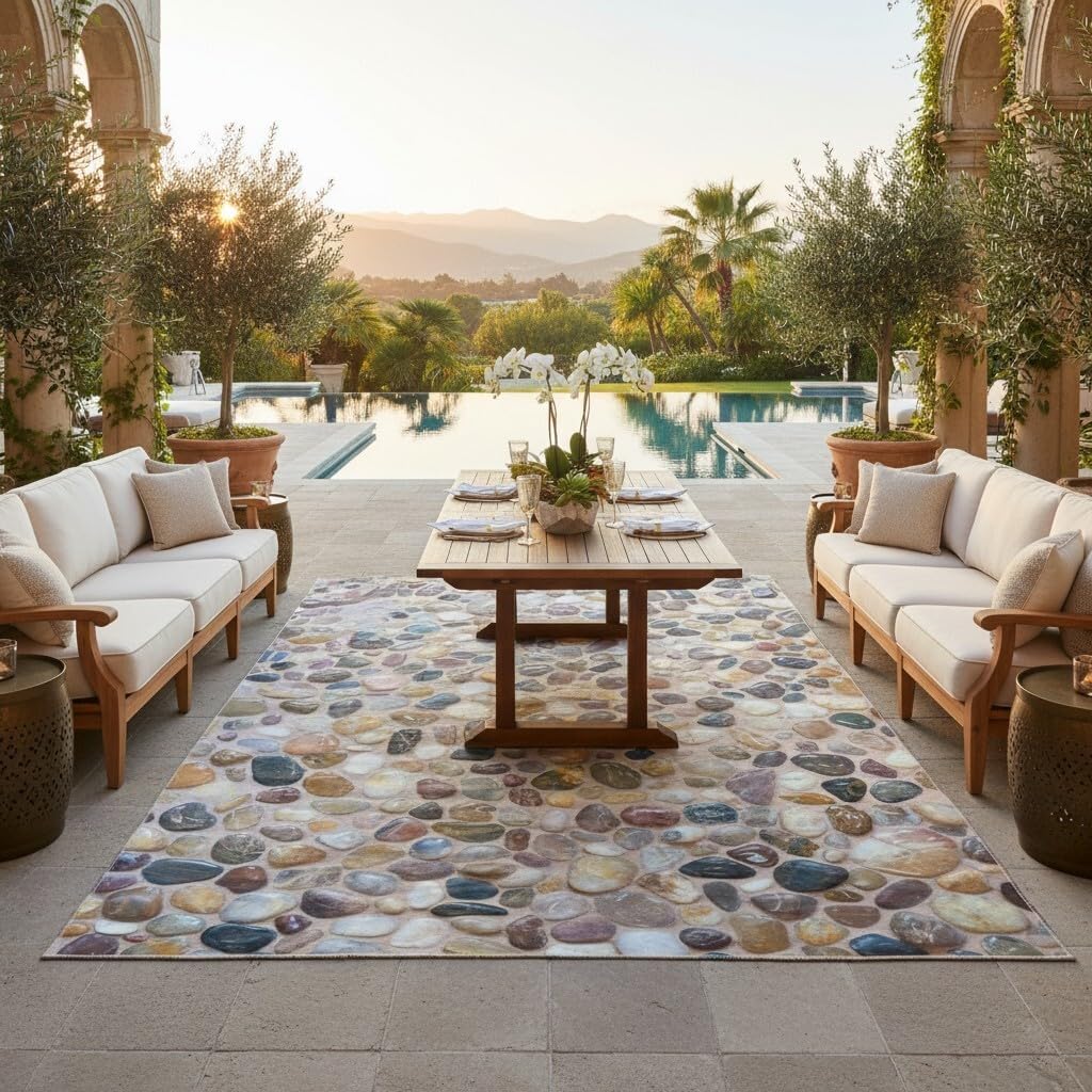 Colorful Cobblestone Pattern Modern Farmhouse Outdoor Rug Natural Washable No Shedding Waterproof Thin Cozy Low Pile Floor Mat for Patio Pool Deck Balcony Backyard Porch Balcony Carpet Mats 5x8