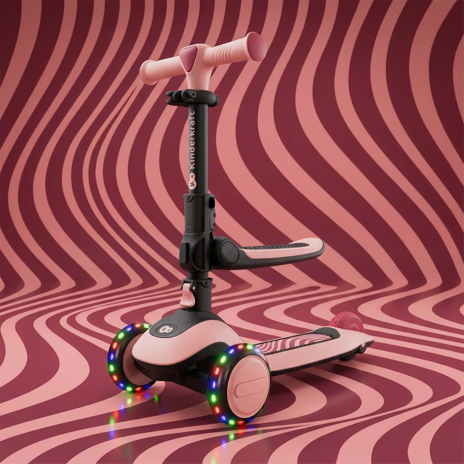 Kinderkraft Halley 2 Balance-Scooter 2-in-1, Sitz höhenverstellbar (25-33 cm), 4-Fach Verstellbarer Lenker, LED-Räder, klappbar, ab 18 Monate, rutschfeste Trittflächen, Rosa