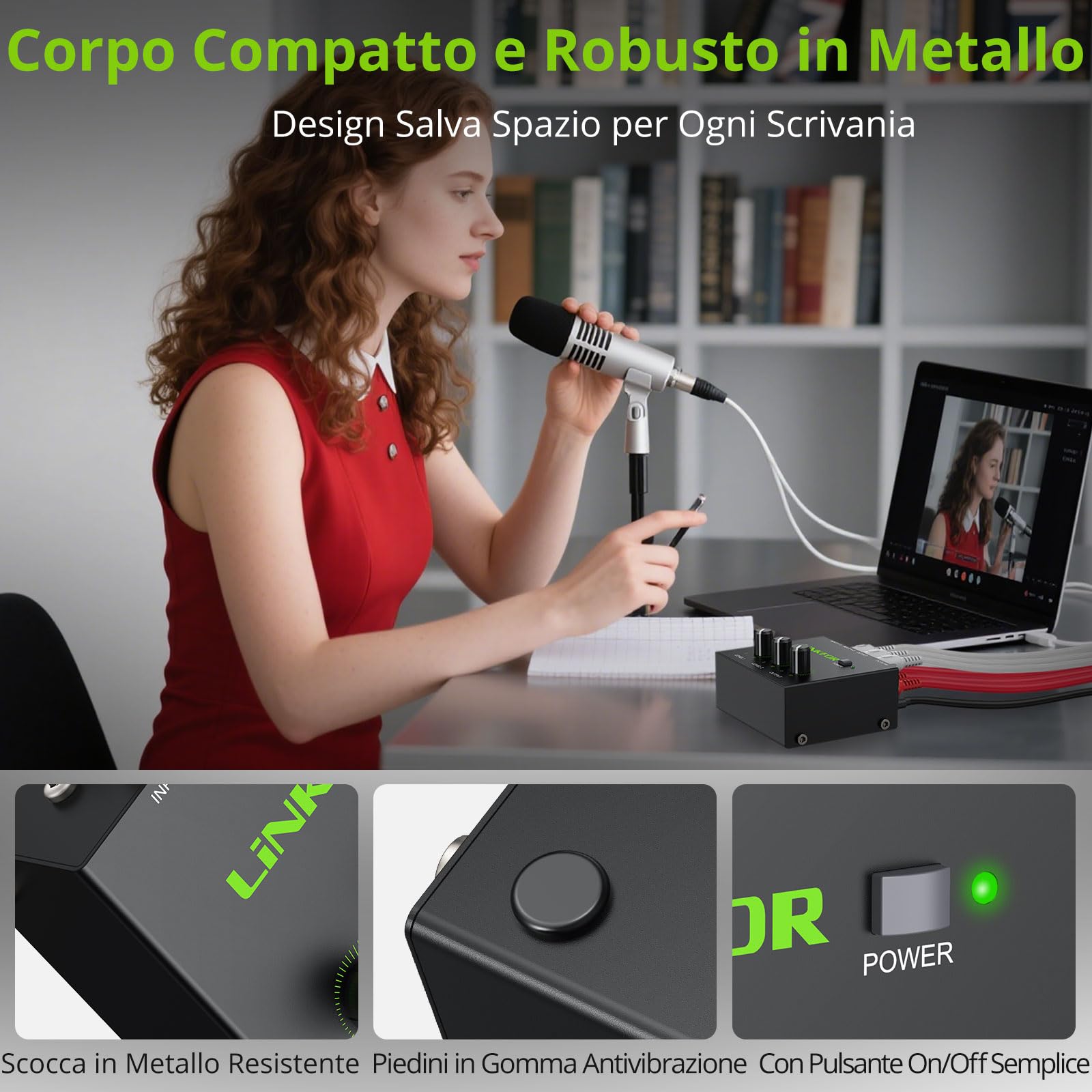 LiNKFOR Mixer Audio Stereo 2 Canali Attivo Basso Rumore, Audio Stereo RCA Compatto con Connettori Dorati, Mixer RCA 2 Canali con Controllo Volume Indipendente per PC/TV/Game