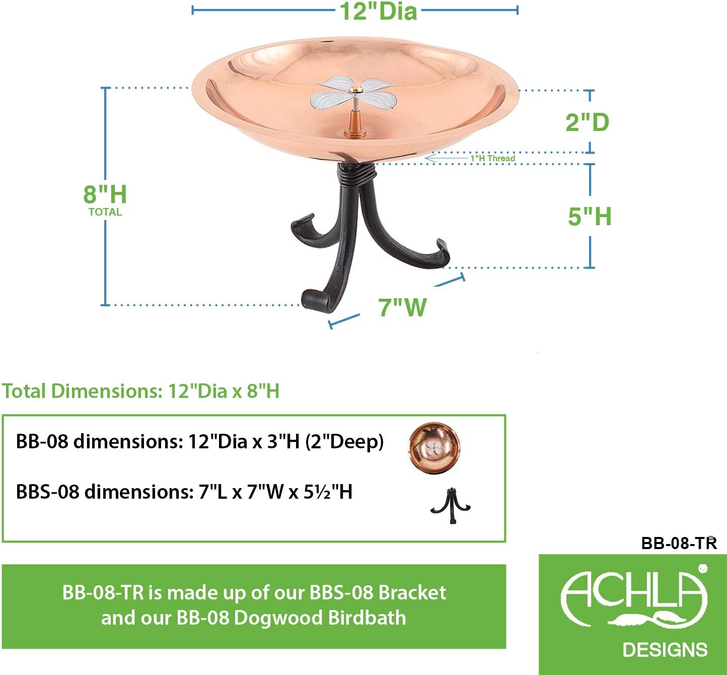 Achla Designs BB-08-TR Dogwood Tripod Stand Birdbath, Copper Plated and Colored Patina Finish, Black