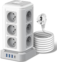 TOPREK Multi-Socket Tower with 12 French AC Sockets and 4 USB, 2 Metres Cable