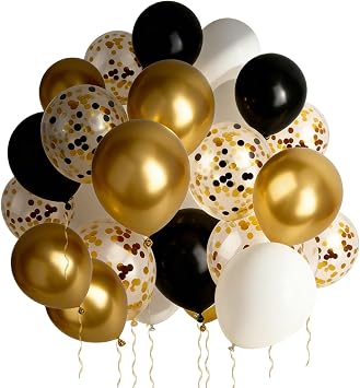 Black Gold Confetti Balloons 50 Pack - 12 Inch Gold White and Black Latex Party Balloon Set with Ribbon for Graduation Birthday Wedding New Year Decorations