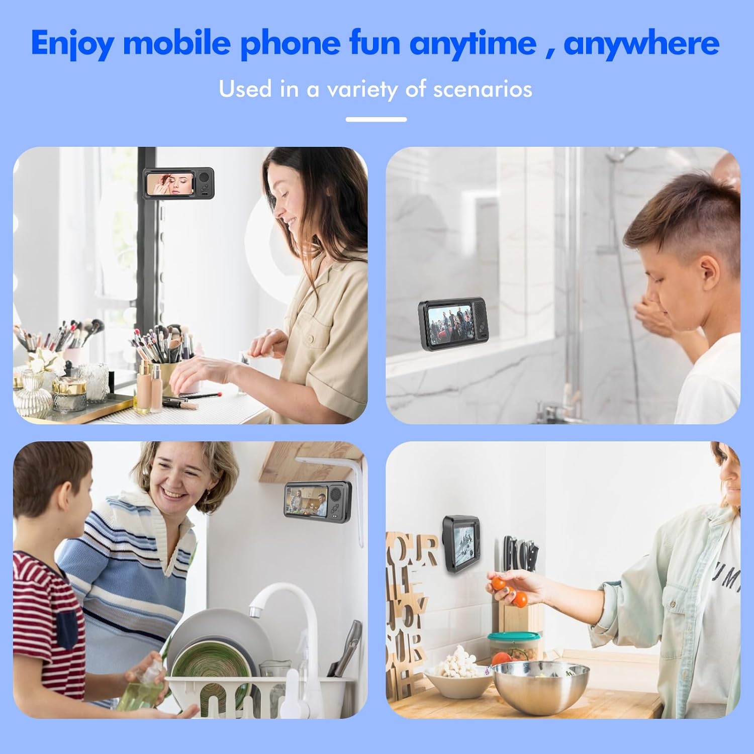Fanlory Shower Phone Holder with Wireless Bluetooth Speaker, Waterproof 480 Rotation Viewable Shower Phone Stand Case Mount Speakers for Bathroom Wall Mirro for 4"- 6.8" Cell Phones(Black)