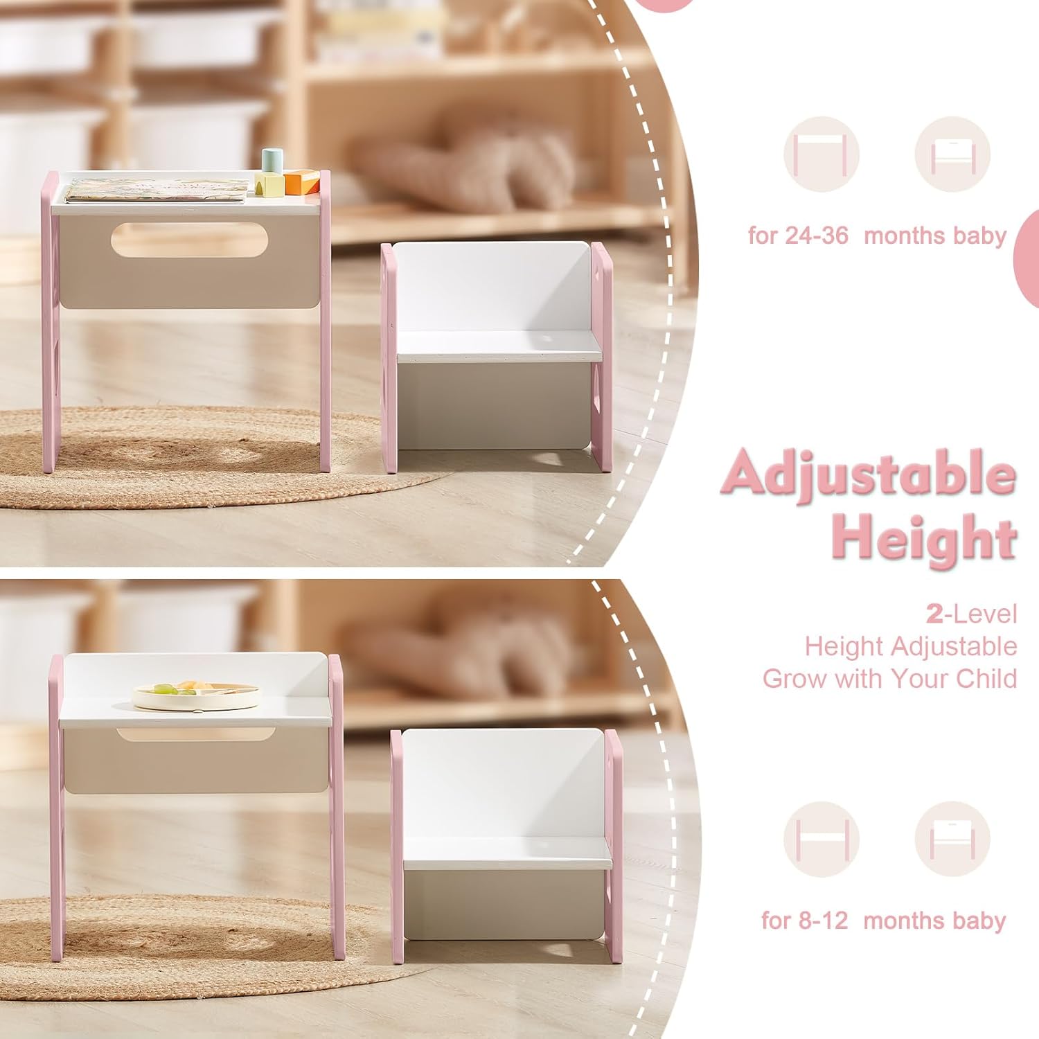 FUNLIO Height Adjustable Montessori Table and Chair Set for Age 1-3, Solid Wood Toddler Table and Chair Set, Weaning Baby Table Chair Set for Reading/Eating/Playing, Easy to Assemble - Pink
