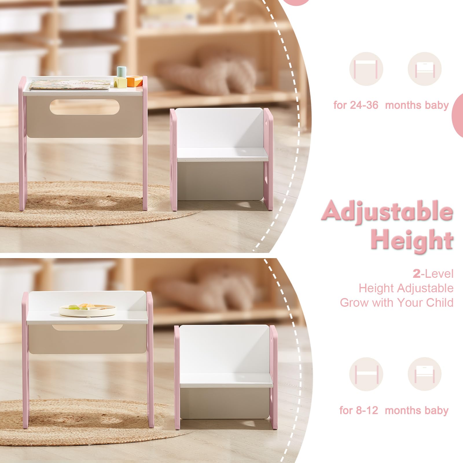 FUNLIO Ensemble Table et Chaise Montessori à Hauteur réglable pour 1-3 Ans, Ensemble Table et Chaise en Bois Massif, pour bébé pour Lire/Manger/Jouer - Rose