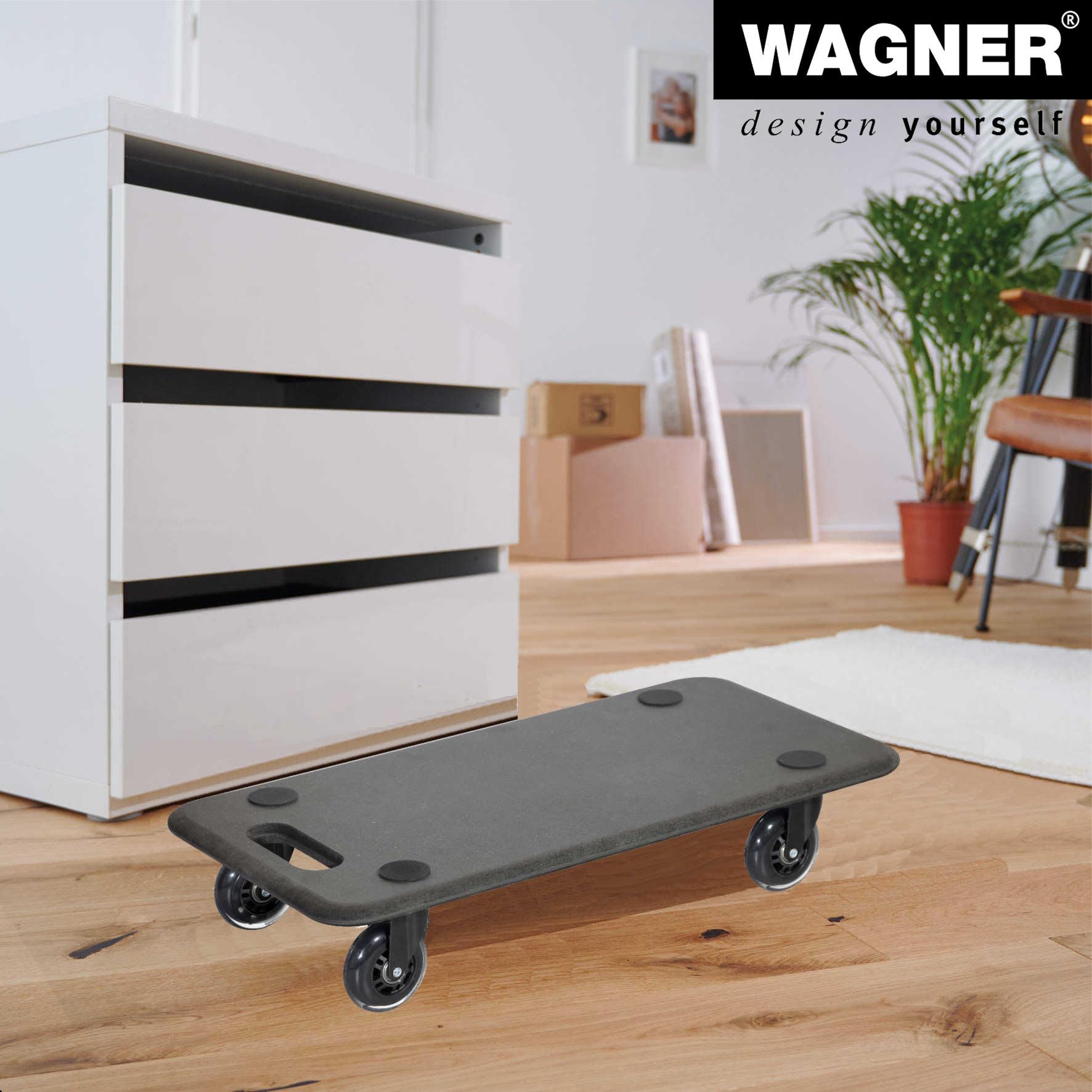 WAGNER Chariot de transport 1611 I Chariot à plateforme noir en MDF I 57,5 x 30 x 11 cm I Charge maximale 250 kg I Roulettes de meubles pour déménagement I Planche à roulettes I Roulette de charge
