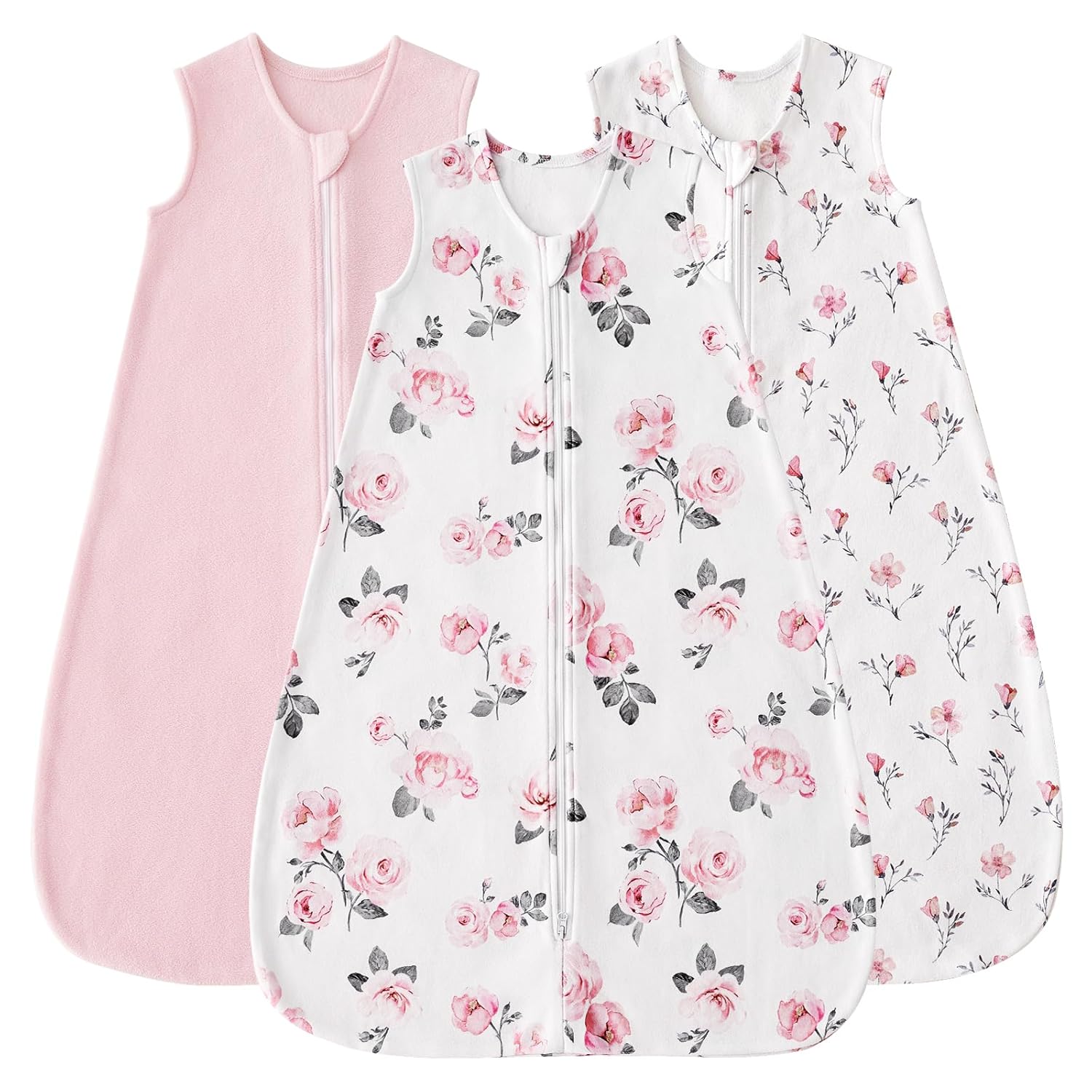 PHF 3 Pack Warm Micro-Fleece Baby Sleep Sack 6-12 Months, Soft Baby Wearable Blanket, 2-Way Zipper Sleeping Bags, Comfy Toddler Sleeping Sack for Girls, Medium Size, Floral
