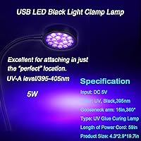 Vista 5 de Lámpara de luz negra LED UV con abrazadera con USB, lámpara portátil de cuello de ganso mejorada de 5 W 395 nm con clip para uñas de gel, detección