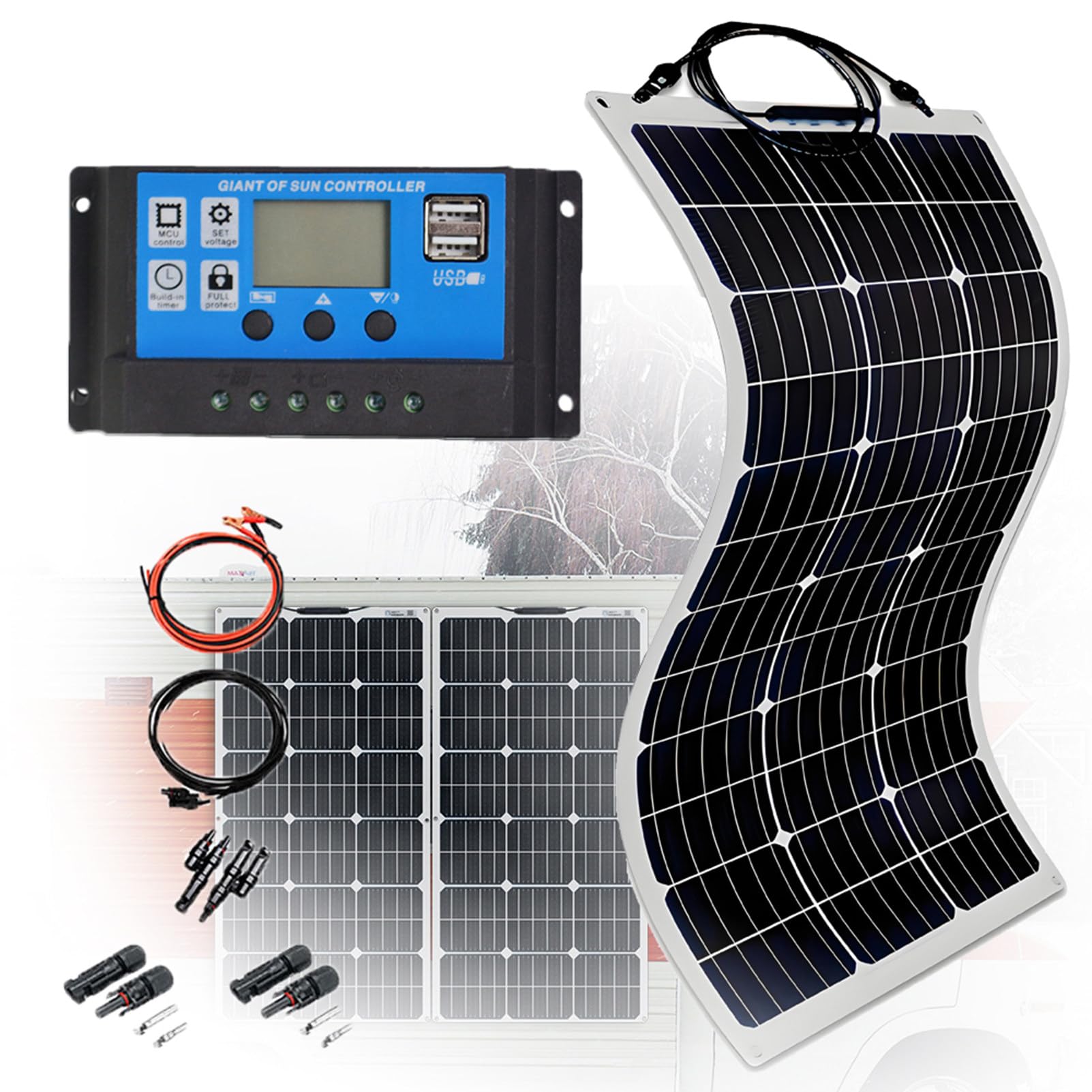 300W Pannelli Solari Flessibili Slim Pannello Solare Monocristallino 40A Regolatore di Carica Kit Fotovoltaico per Balcone RV Camper Barca Tetto Superfici Irregolari 1 * 300W