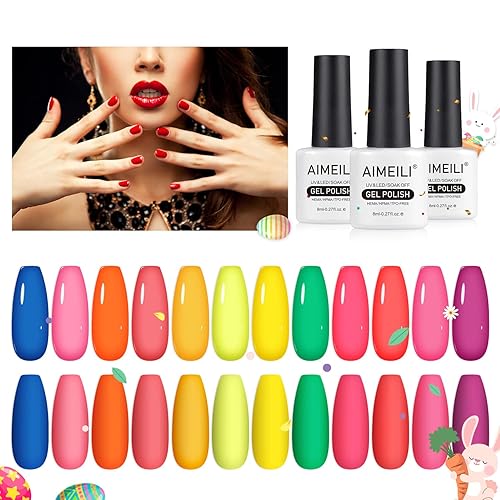 AIMEILI Juego de esmalte de uñas de gel neón, 12 colores de verano, sin Hema, sin crueldad, vegano, kit de salón DIY rosa neón, set de 24