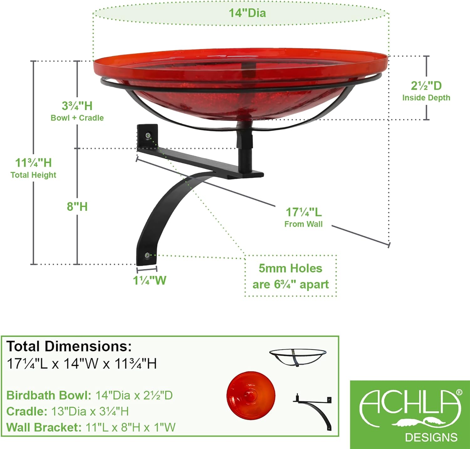 Achla Designs 201-5033 14" Red Crackle Glass Wall Bracket Birdbath