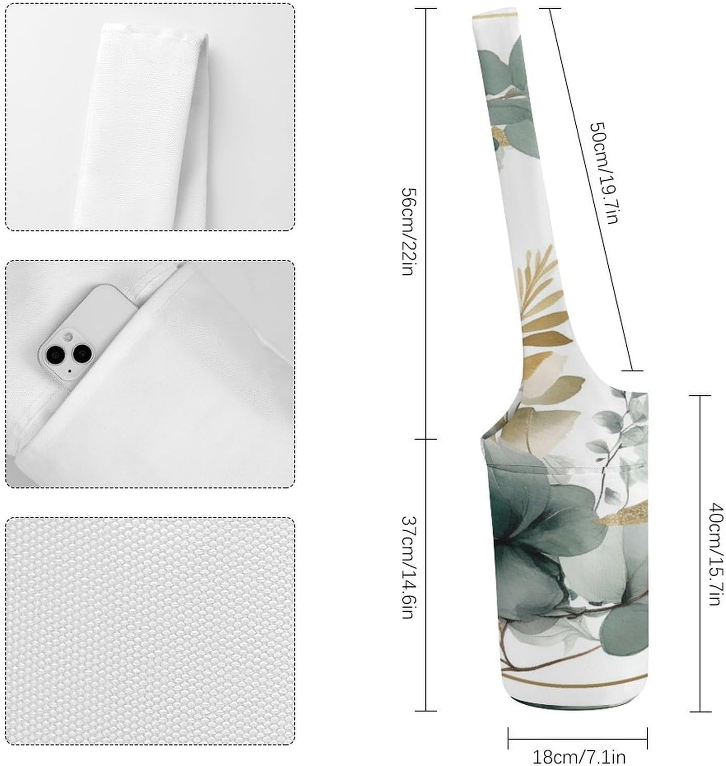 Canvas Yoga Bag,Gold And Green Leaves Printed Yoga Mat Handbag,Portable Yoga Mat Bag Large Capacity Gym Bag for Men Women Pilates Beach Travel
