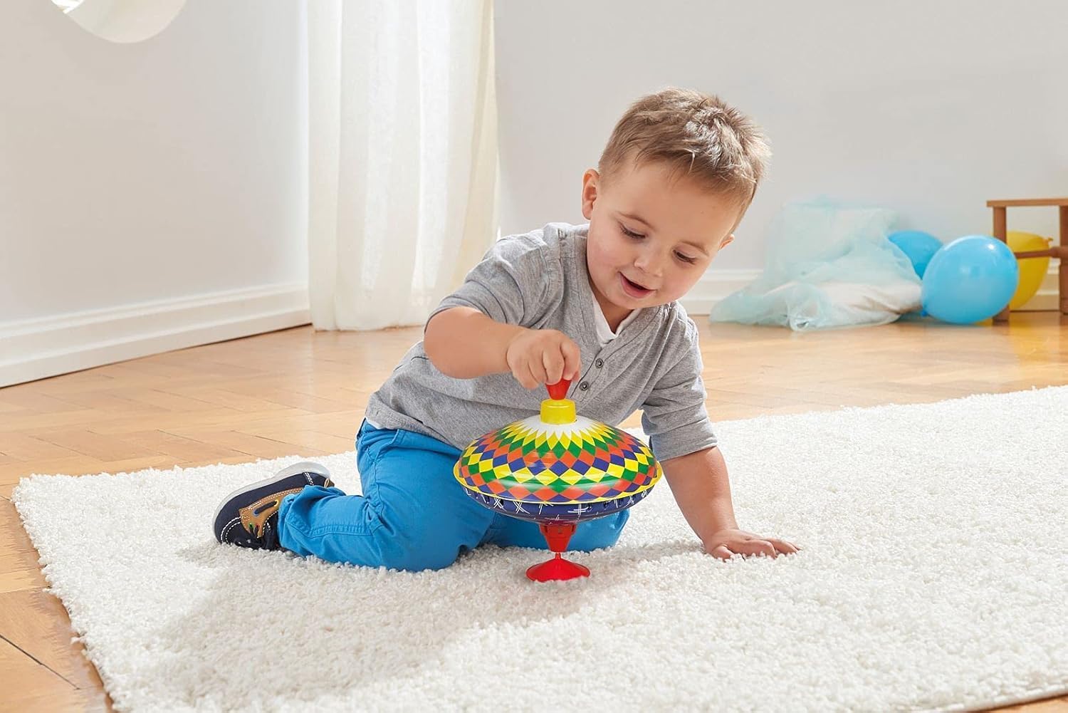 Lena 52225 Bolz Humming Multicoloured 19 cm, Sheet Metal Swing, Classic Pump Spinner, tin Colourful Motif, Stand, Toy Spinning top for Children from 18 m, L/B/H: 19 x 19 x 21 cm