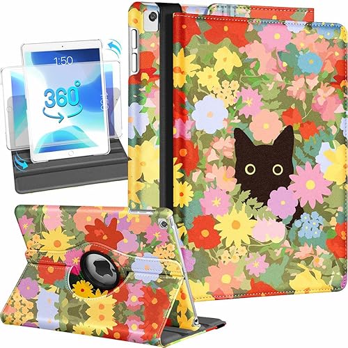 Gurgitat Funda giratoria para Apple iPad de 987 generación, 10.2 pulgadas, 360, rotación de atril, flores, gato negro, caricatura, para iPad 987 Gen