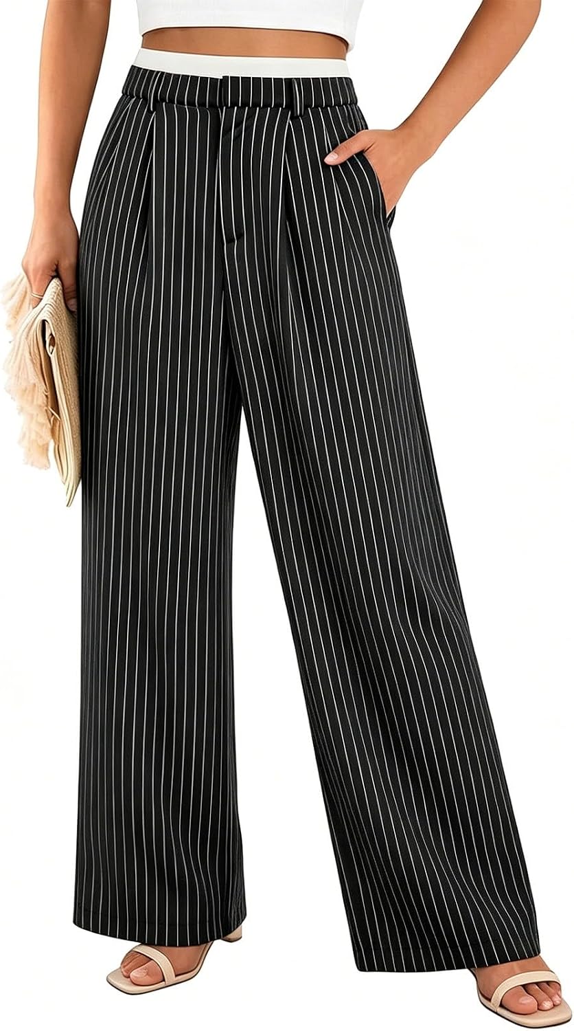 Women's Striped Suit Pants High Waisted Loose Fit Comfy Trousers Business Casual Office Work Slacks with Pockets