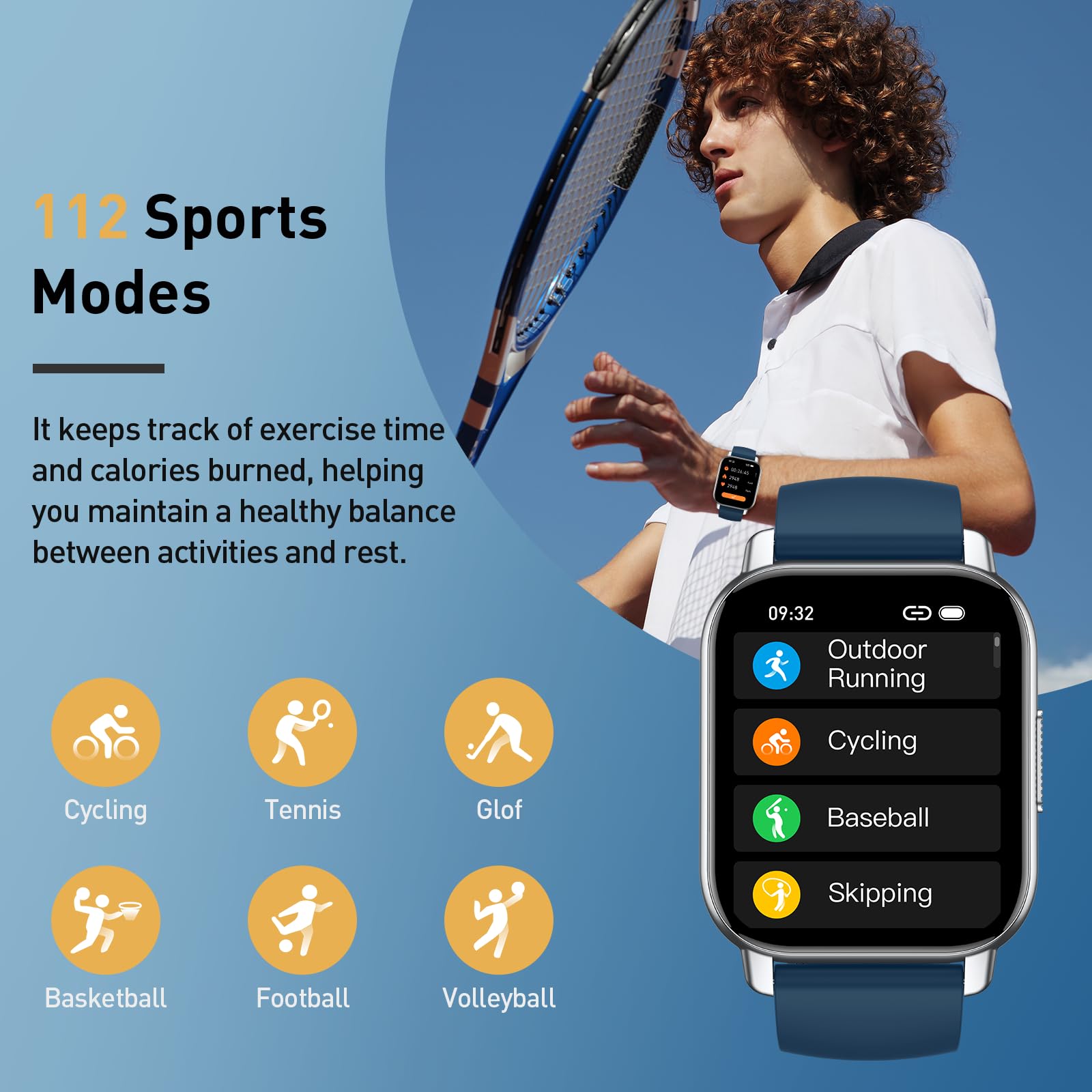 Smartwatch Uomo Donna con Effettua o Risposta Chiamate, 1.85" Orologio Smartwatch Contapassi/Cardiofrequenzimetro/Sonno, 110+ Modalità Sportivo Fitness Tracker, IP68 Smart Watch Android iOS, Blu