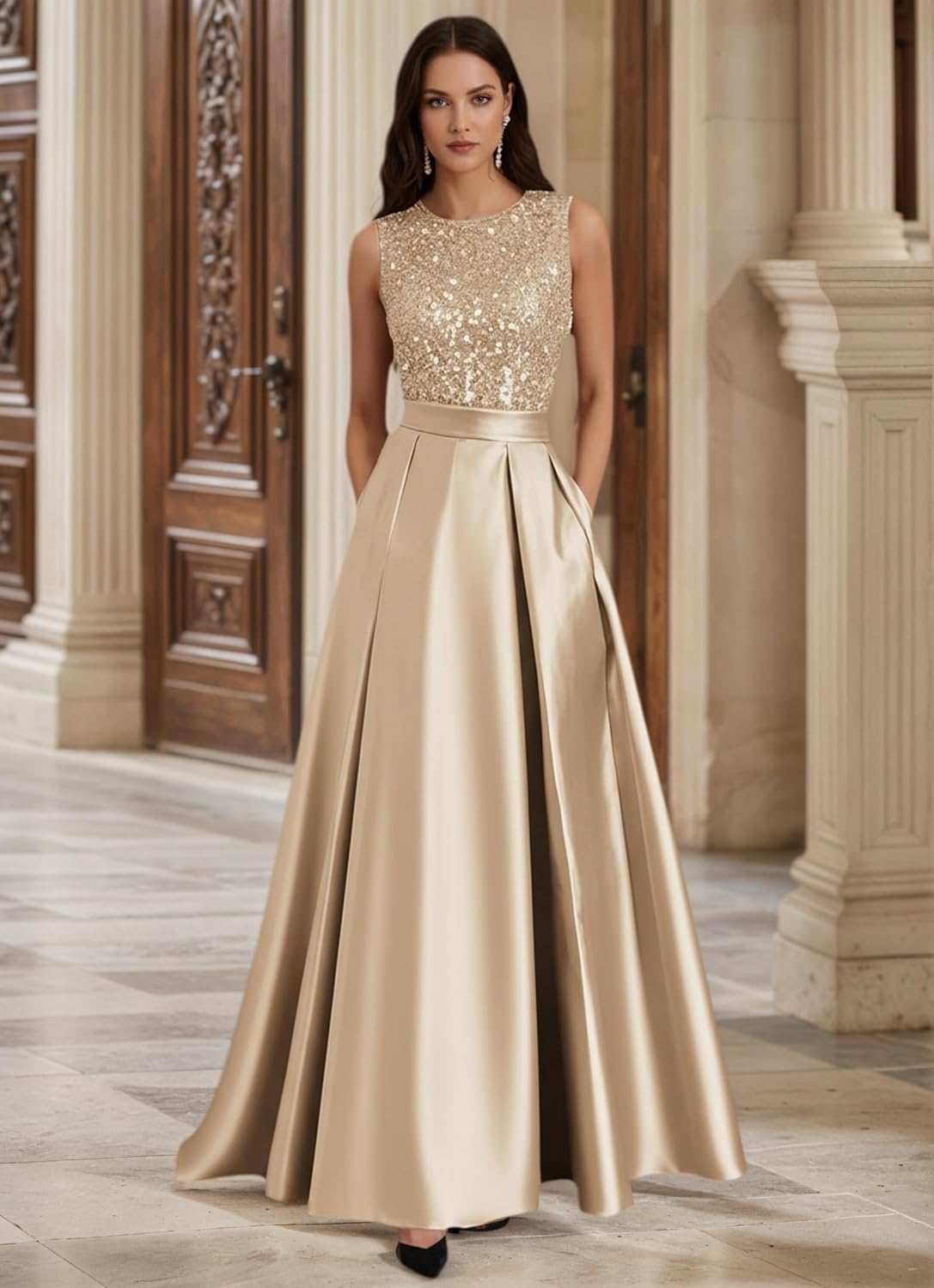 Satin Prom Dresses for Women - Sparkly Sequin Evening Gowns for Women Formal Tea Length Wedding Guest Dress