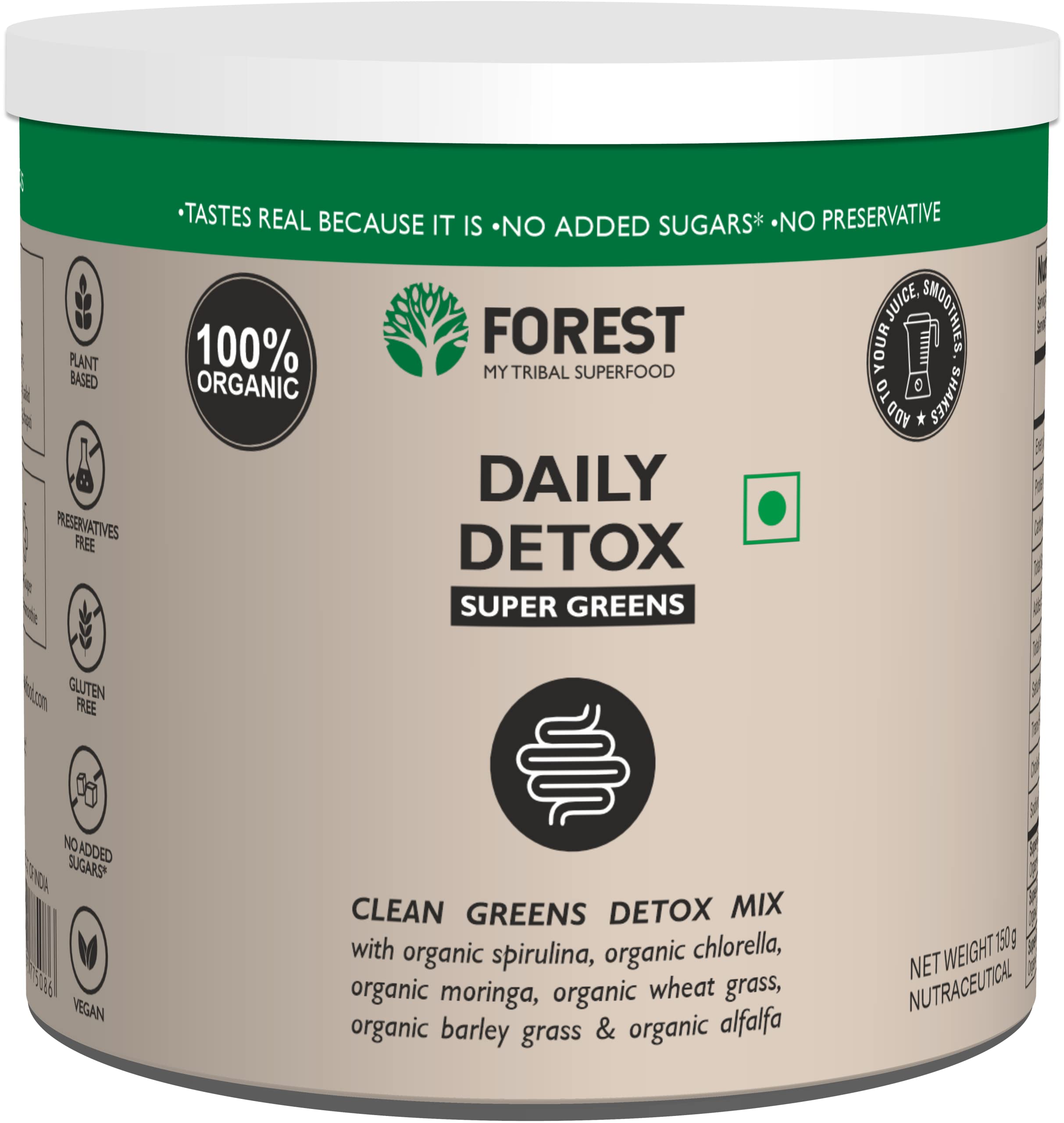 Daily Detox Super Greens, for Women & Men, 100% Plant Based Superfoods Powder, with Greens & Herbs to Detox Your Body & Better Digestion (150g)