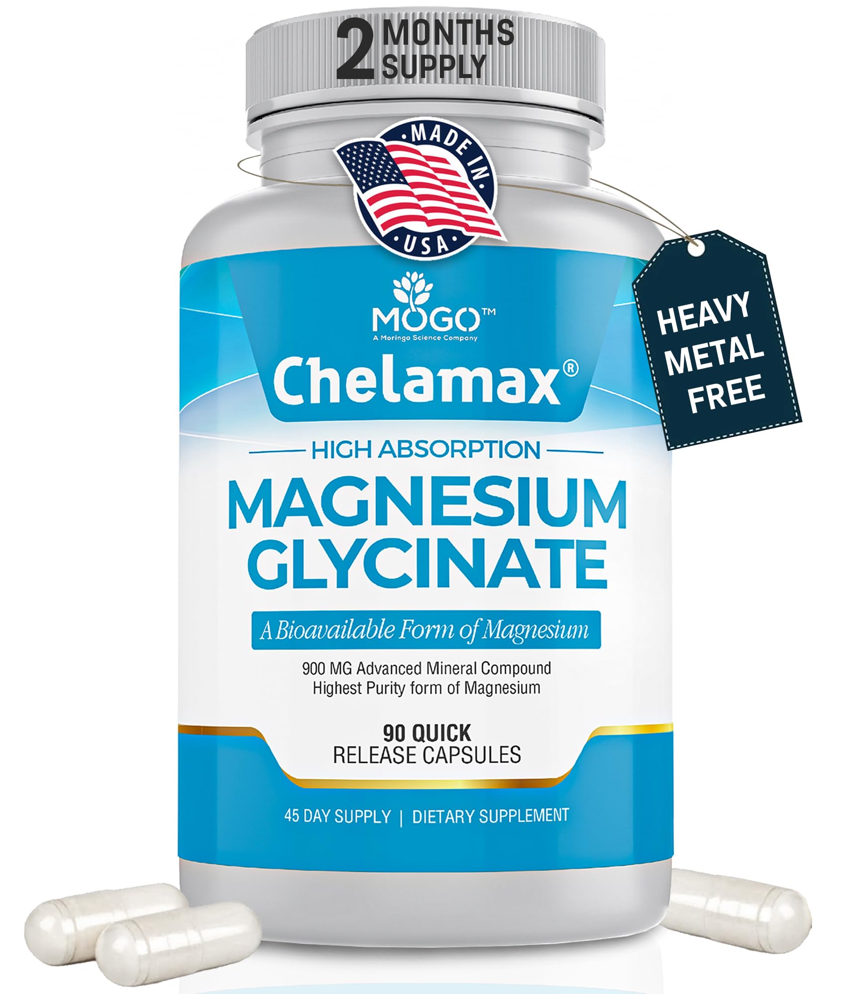 Chelamax Magnesium Glycinate.Dead Sea Sourced, 100% Chelated Magnesium for Sleep Support, Muscle Cramps, Bone Health. Made in USA, 3rd Party Tested,Heavy Metal Free,Glicinato de Magnesio Capsules.